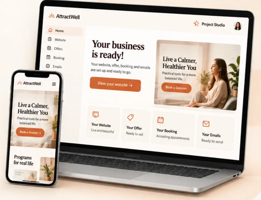 An AttractWell coaching website, offer, booking and emails, set up and shown on a laptop and phone